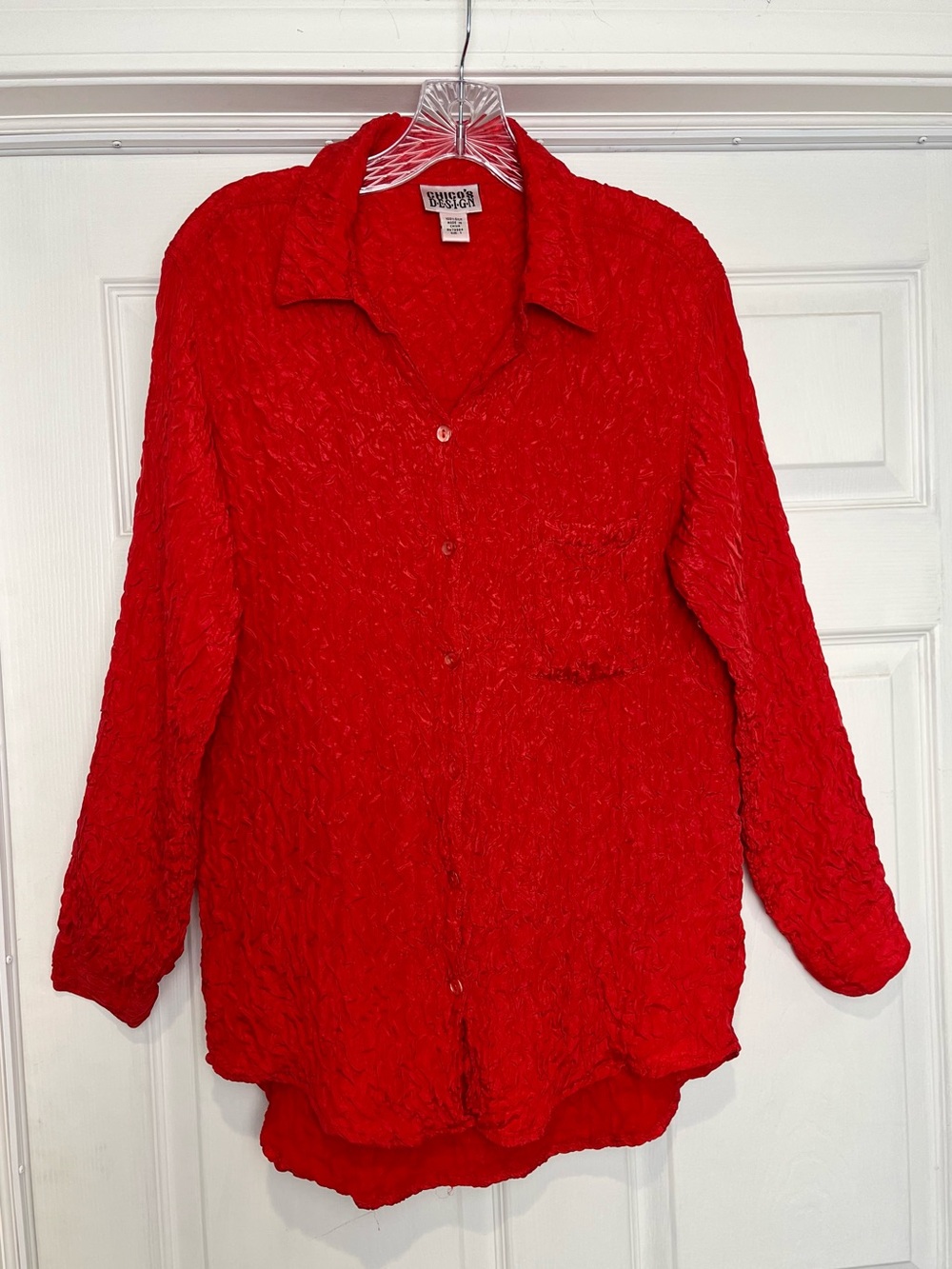 Chico’s Design | Red Textured Silk Button Up Blouse, Medium